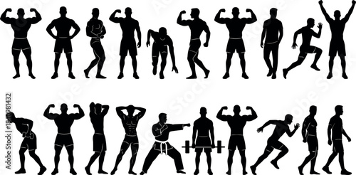 Male athlete silhouette poses for fitness, martial arts, bodybuilding, running, jumping, flavector illustration
