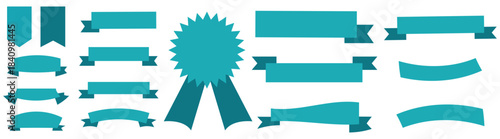 Collection of teal ribbons and banners on isolated white background for design elements