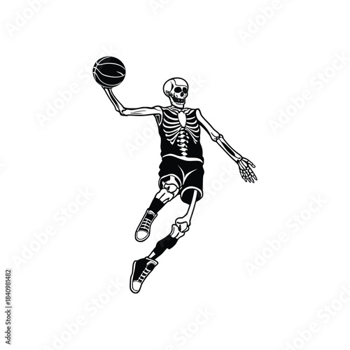 vintage retro illustration of black and white basketball player skeleton playing basketball