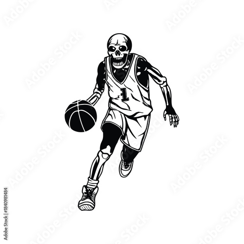 vintage retro illustration of black and white basketball player skeleton playing basketball