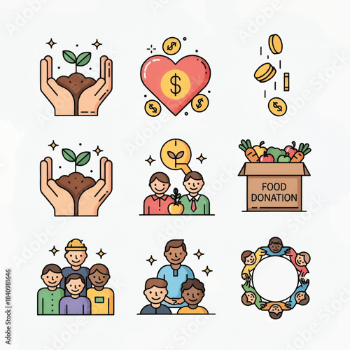 Colorful icons showing community support hands nurturing plants, donations, food, diverse people!!!