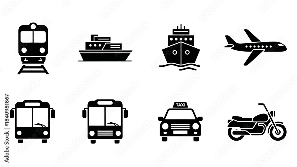 Φωτογραφία Collection of black silhouette transportation icons: train cargo ship passenger ship airplane two buses taxi motorcycle