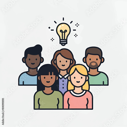 Diverse team of five smiling colleagues standing together with an illuminated lightbulb above them!!