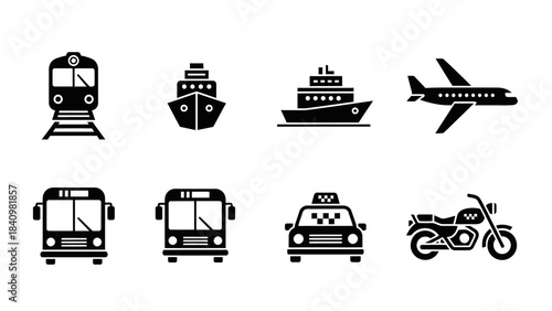 Diverse black silhouette transportation icons set: train ships airplane buses taxi motorcycle.