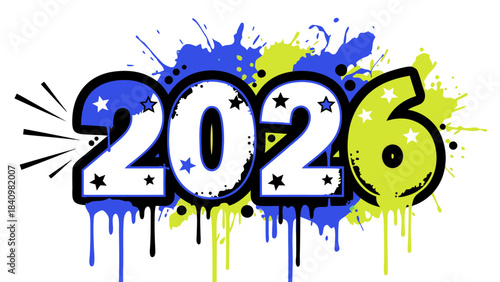 Dynamic happy new year 2026 celebration graphic with grunge paint splatters and modern style, ideal for festive transparent overlays
