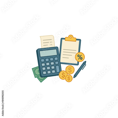 Financial Tools Scene With Calculator, Clipboard, Invoices, Coins, Pennies, Paperwork, and Budgeting Office Finance Overview