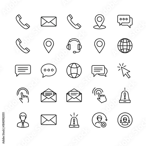 Grid of 25 minimal black line icons phones, envelopes, chat bubbles, pins, globe, headset, alerts.!