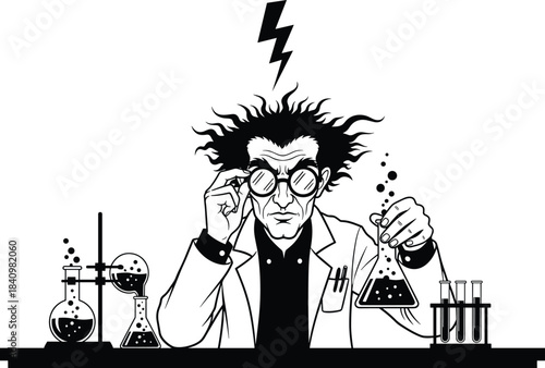 Black and white mad scientist holding chemical flask experimenting in laboratory vector illustration