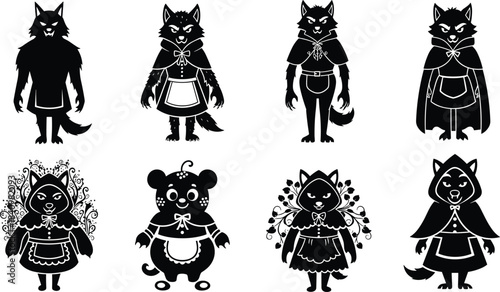 Black silhouette Big Bad Wolf and grandmother bear characters vector illustration set