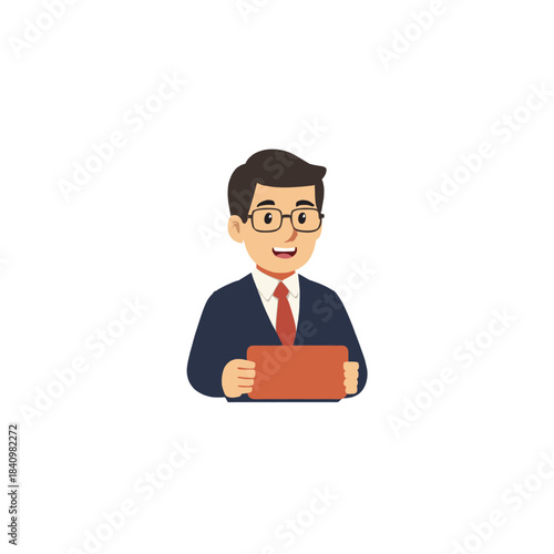 Professional Businessman In Navy Suit Holding Tablet for Presentation and Digital Communication