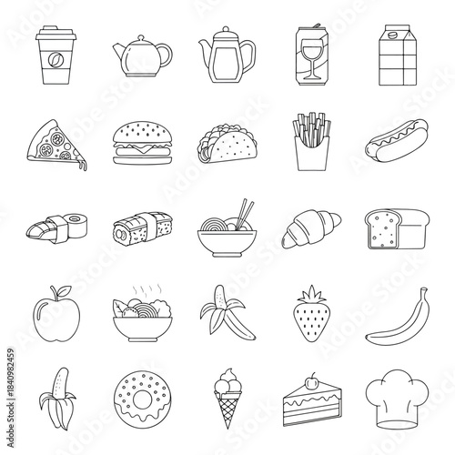 Grid of 30 outline food and drink icons arranged in rows coffee, teapot, pizza, burger, sushi snack