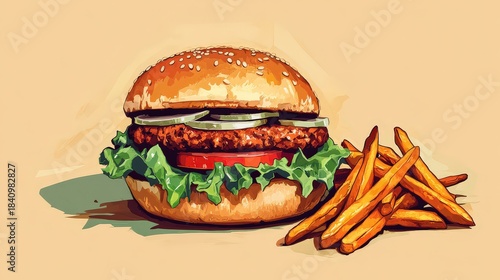 Deliciously illustrated burger and fries still life.
