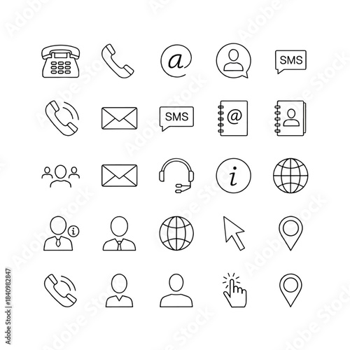 Grid of hand-drawn communication and contact icons including phone, email, globe, and user. icon set