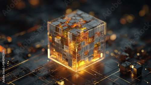 An illuminated digital cube with circuitry and data transferring across the surface