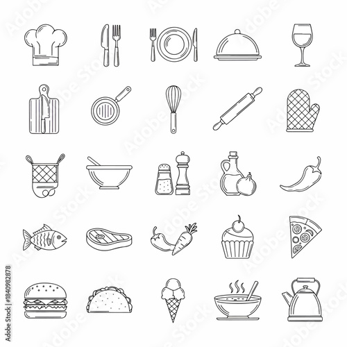 Grid of hand-drawn monochrome kitchen and food icons arranged in neat rows and columns. simple crisp