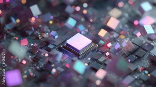 Close-up of a central processing unit (CPU), glowing with colorful light, surrounded by microchips, suggesting technological advancement and data processing