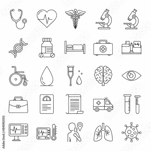 Grid of medical line icons depicting healthcare tools, diagnostics, organs, pills and emergency kit