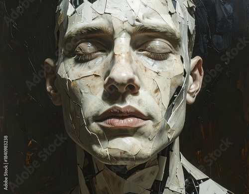 Portrait of a person, face fragmented and closed eyes, dark background