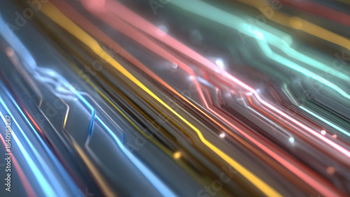 A close-up view of a complex circuit board with colorful illuminated lines