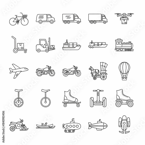 Grid of minimalist line icons depicting diverse transportation and delivery vehicles in neat rows!!!