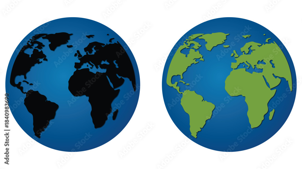 Naklejka premium Two blue globes representing the earth with different continent colors on a white background isolated on white background