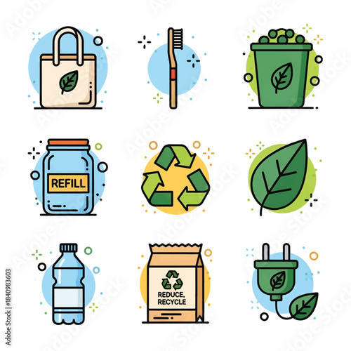 Grid of nine eco icons tote, bamboo toothbrush, compost bin, refill jar, recycle sign, leaf, bottle
