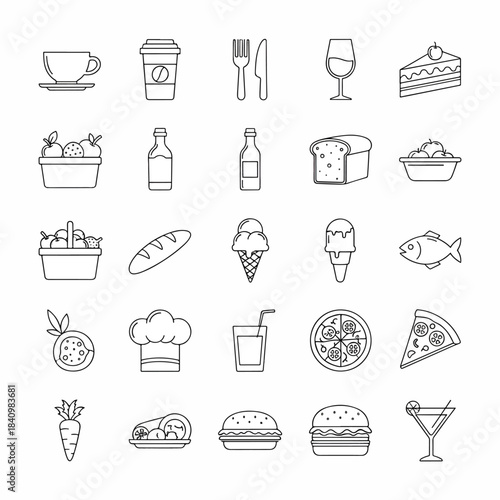Grid of simple black line food and drink icons including cup, pizza, ice cream, burger, bread. more