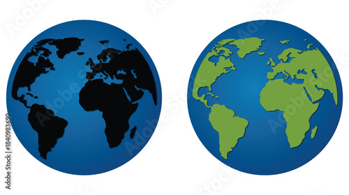 Two blue globes representing the earth with different continent colors on a white background isolated on white background