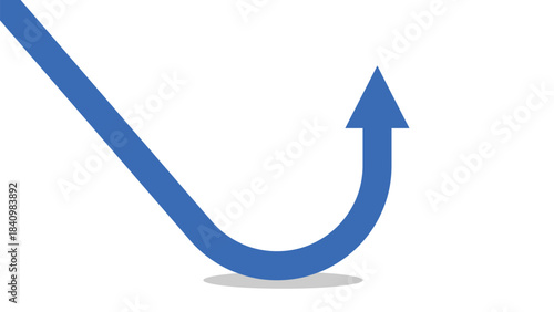 Blue Business Arrow Dropping Then Bouncing Upward in a Curve, Representing Recovery, Rebound Growth, and Returning Profit