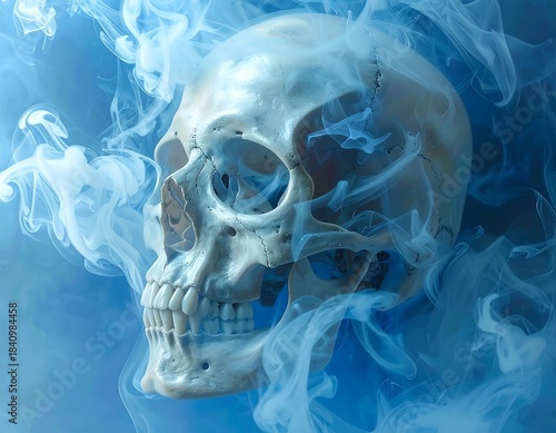 Skull enveloped in ethereal, swirling blue smoke