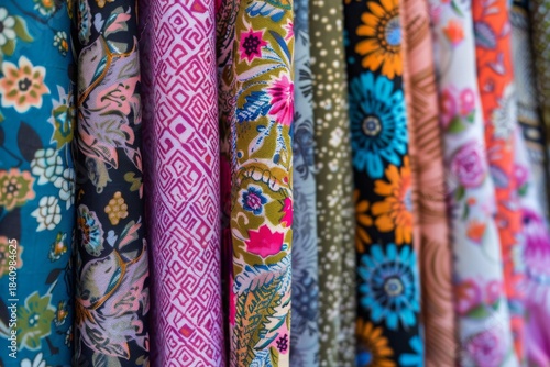 Colorful fabric rolls with floral and geometric patterns displayed in a market stall