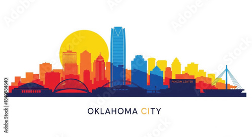 Vibrant oklahoma city skyline silhouette with a large yellow sun