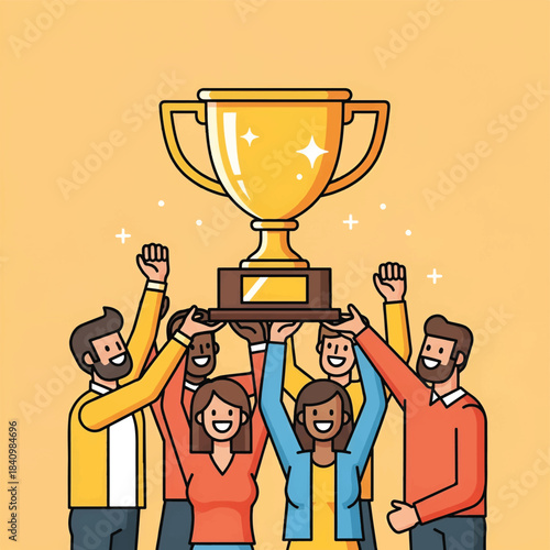 Joyful diverse team of six lifting a giant golden trophy together, celebrating shared success. now!!
