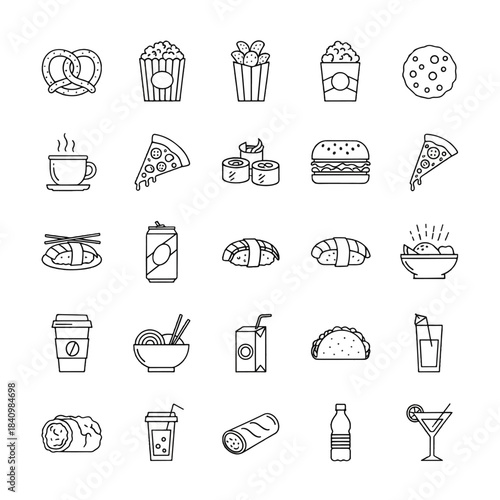 Minimal black line icons of assorted snacks and drinks arranged in a neat five-by-five grid variety