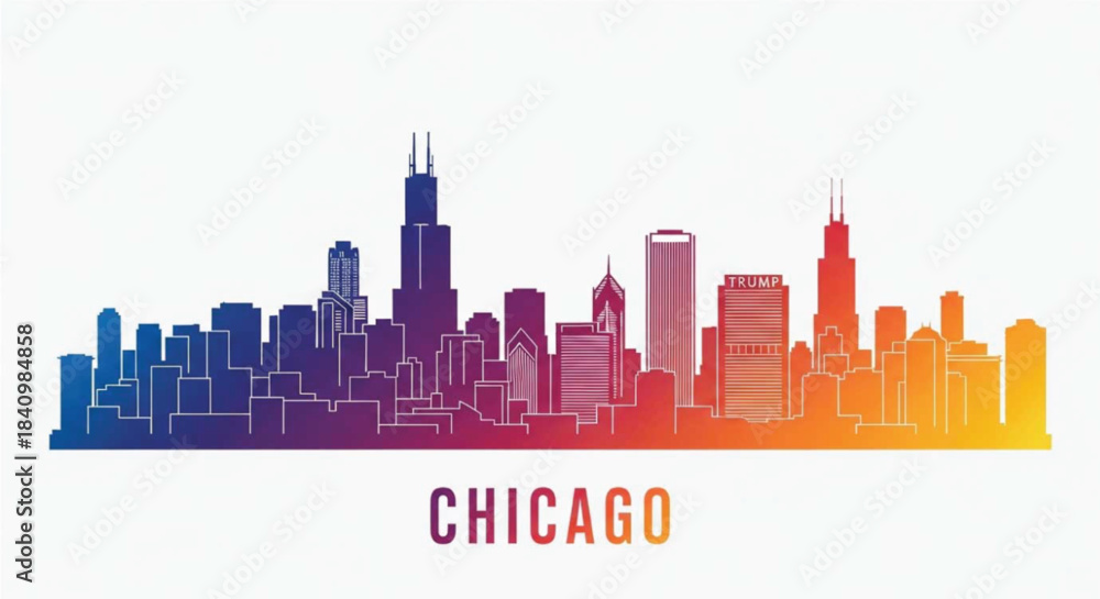 Fototapeta premium Colorful chicago skyline silhouette with city name