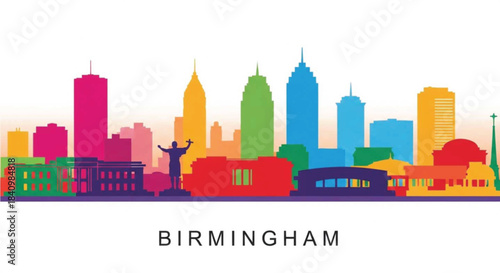 Colorful birmingham skyline silhouette with modern architecture