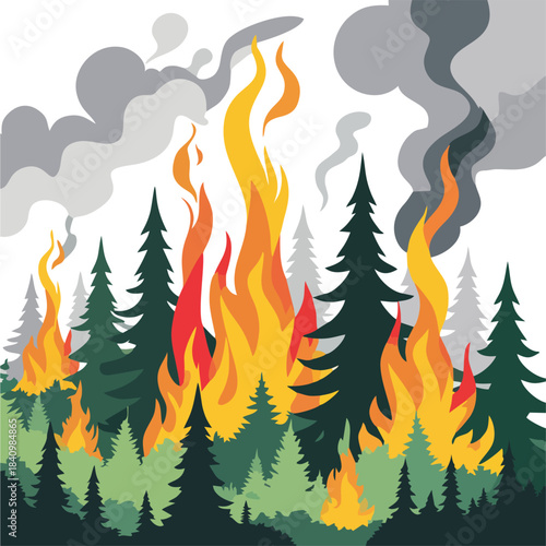Forest Wildfire Vector Illustration – Stylized Pine Trees With Tall Flames And Smoke, Climate Change And Environmental Disaster