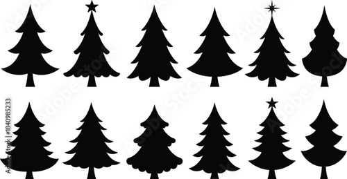 Christmas tree silhouette set, festive pine icons, holiday decoration elements, black vector trees, seasonal graphic pack, winter celebration design collection