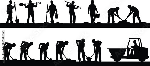 Construction workers silhouette, manual labor teamwork, shovel digging, industrial workforce, black vector icons, site activity, heavy equipment, occupational effort, infrastructure development