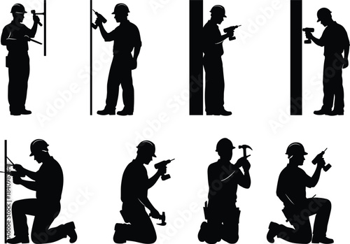 Construction workers silhouettes, hammering, drilling, measuring, safety gear, hard hats, wall work, labor icons, industrial tools, vector illustration for building themes