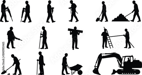 Construction workers silhouettes, labor roles vector, industrial job site, heavy equipment, manual tasks, safety gear, teamwork, excavation, infrastructure, black icons, editable illustration