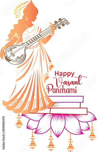 Happy vasant panchami and Saraswati puja traditional Indian festival design	
