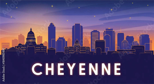 Cheyenne city skyline at dusk with stars