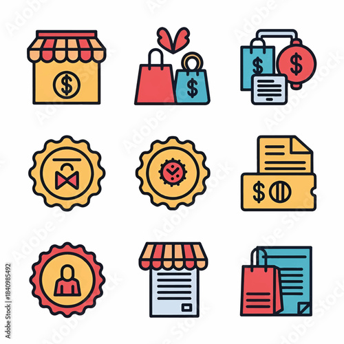 Nine colorful retail and finance icons arranged in a 3x3 grid shops, bags, badges, receipts & docs