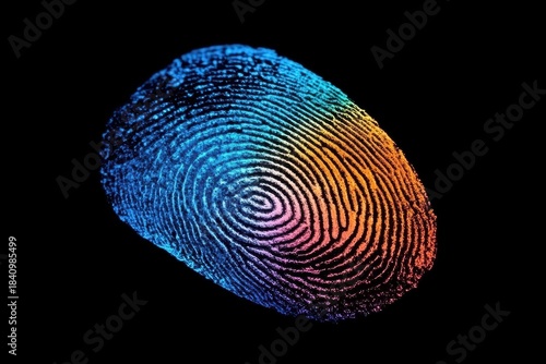 Vibrant, colorful fingerprint displaying intricate ridges and whorls in a spectrum of blue, pink, and orange gradients
