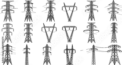 Electrical transmission tower silhouettes, high voltage pylons, power grid infrastructure, energy distribution structures, utility pole designs, engineering diversity, overhead line supports