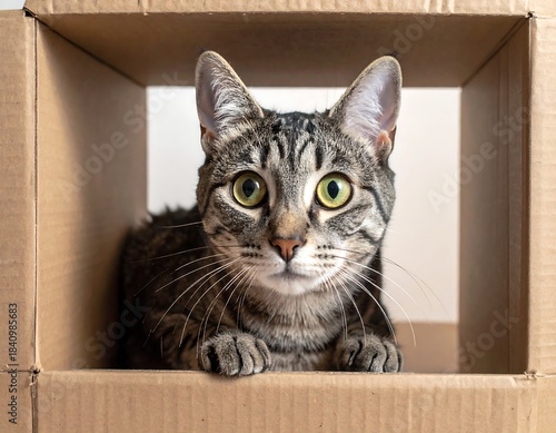 Tabby cat curiously peeking from a cardboard box, direct gaze