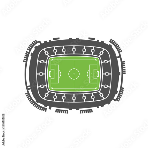Overhead view of a modern soccer stadium with green field