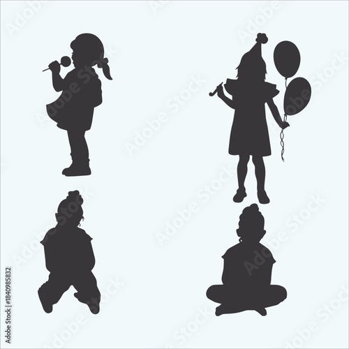 Kids silhouette collection. Girls playing fun. Child activities. Happy children. Youthful poses