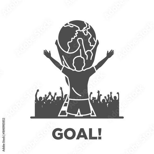 Soccer player celebrates scoring a goal holding up the world trophy